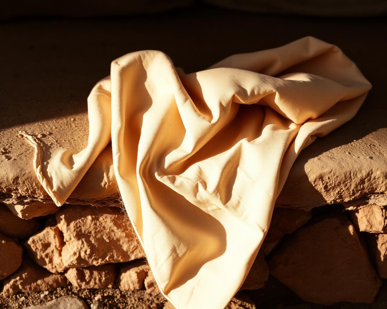 Skrynkligt linnetyg draperat över en stenyta i varmt ljus